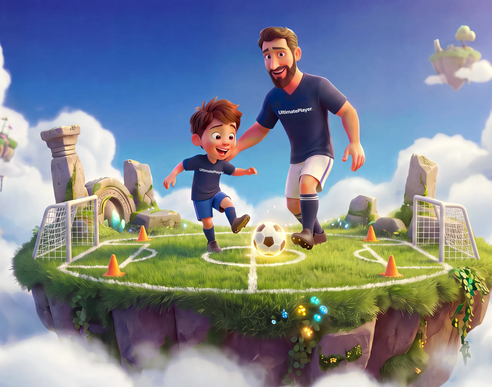 Tata i syn grają w piłkę na unoszącej się wyspie Ultimate Player