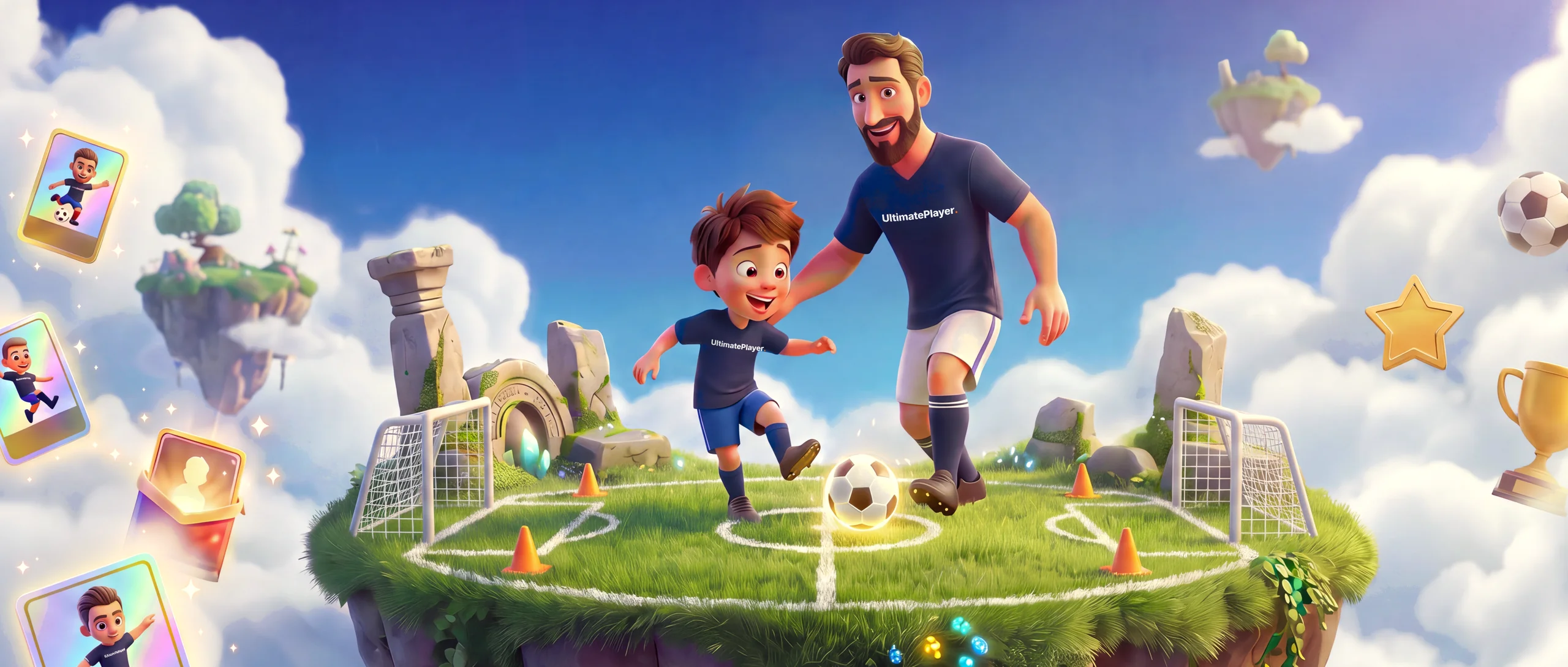 Tata i syn grają w piłkę na unoszącej się wyspie Ultimate Player