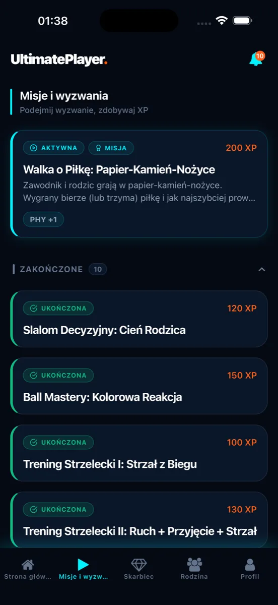 Ekran misji treningowych w aplikacji